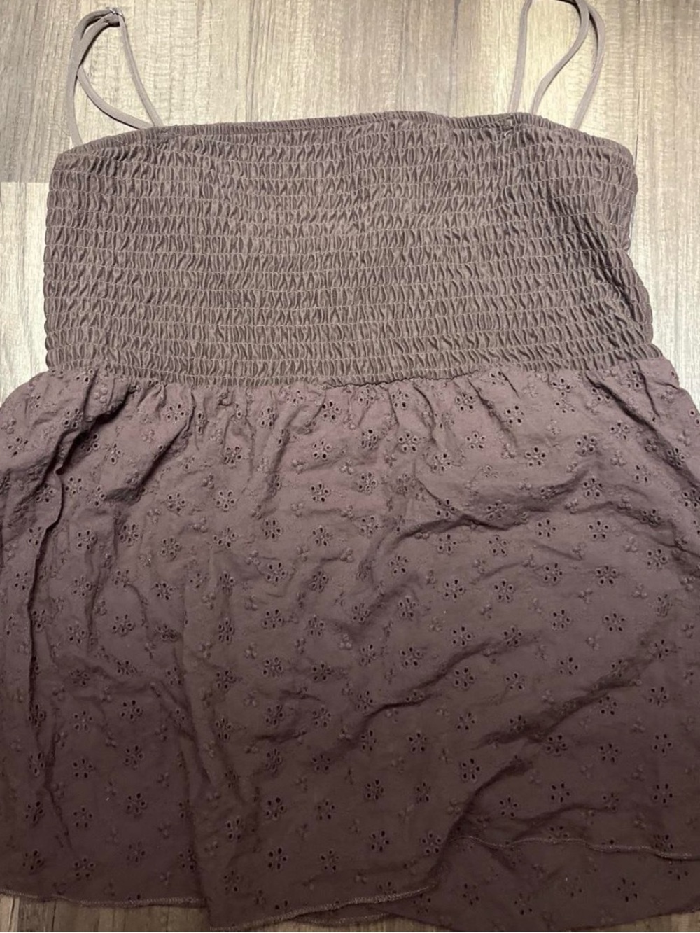 Smocked Eyelet Spaghetti-Strap Dress in Mauve